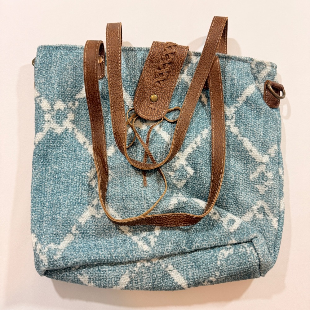 Myra Bag Tote Bag Womens Large Teal Woven Cotton Leather Trim Geometric Boho